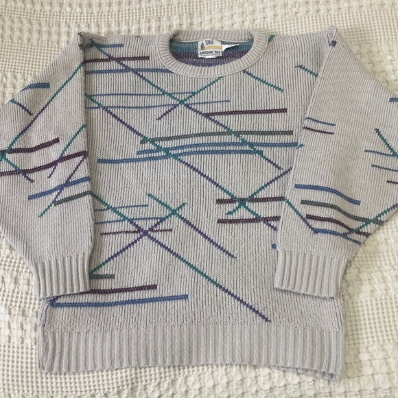 Vintage 90s London Fog Abstract Blue Purple Lines Striped Sweater Men’s Large - Picture 1 of 7